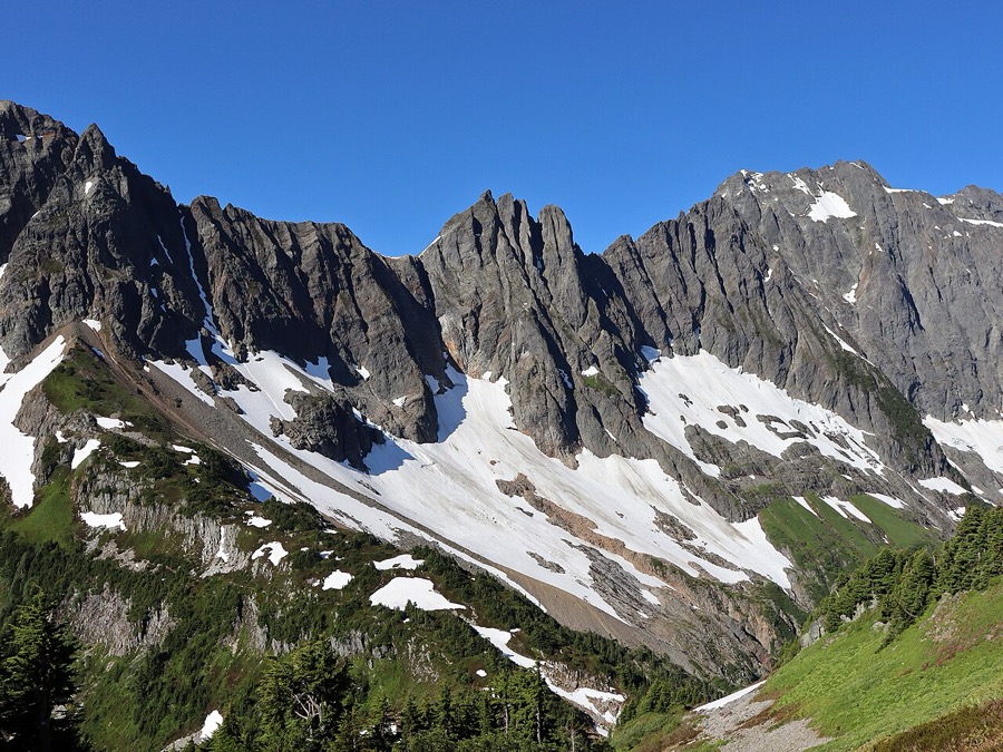 Jagged ridgeline and snowfields above Cascade Pass, North Cascades National Park